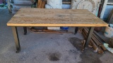 Mobile Industrial Reclaimed Steel & Wood Table on Old Casters, 68in x 36in x 30in H