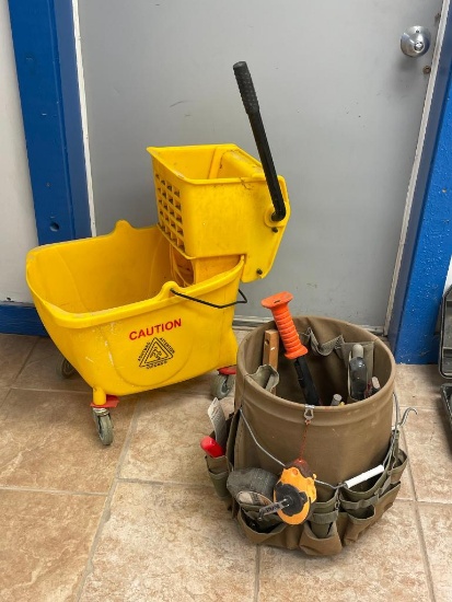 Mop Bucket, Tool Belts, Tool Bucket w/ Misc. Tools, Chalk Line, Tape Measure