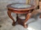Ornate Wooden Glass Top Table, 34in Diameter, 30in Tall, Metal Heart Designs on Top
