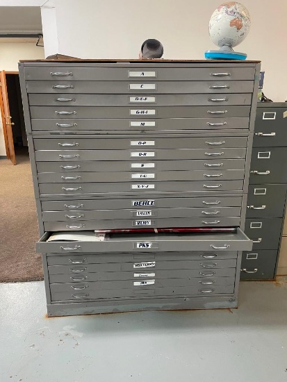 4 Flat File Map or Blueprint Cabinets Stacked - 66in H, 54in W, 42in D - ea. 15.5in H w/ 4in Base