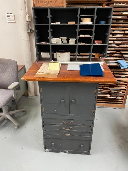 Vintage Metal Workshop Cabinet w/ Drawers and Cabinet Doors & Wood Top