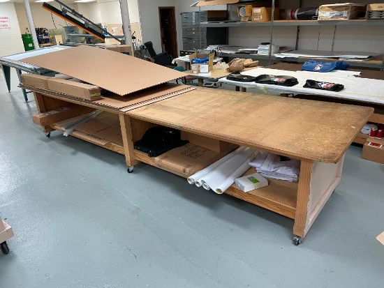 Two HD Wood Work Tables w/ Casters - 180in x 52in x 35in H (Combined)