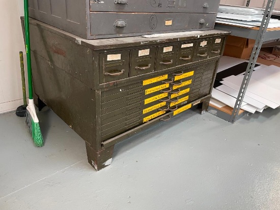 Vintage Metal Workshop Cabinet w/ Flat File Drawers & Storage Drawers, 49in x 39in x 30in H