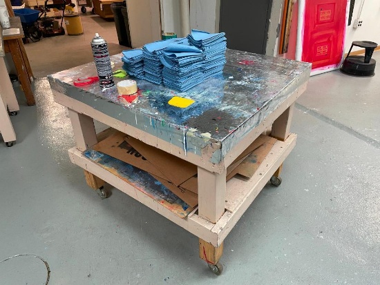 Lot of 2 Shop Made Work Tables w/ Storage Shelves & Thin Metal Top for Magnetic Hold Downs