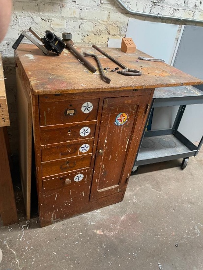 Primitive Vintage Wood Workshop Cabinet w/ 5 Drawers & Cabinet Door