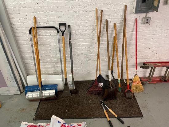 Several Hand Tools, Broom, Edger, Lopper, Snow Shovels, Rake, Shovel, Scraper