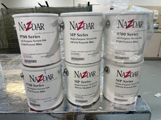 Six Sealed 1 Gallon Cans of NAZDAR Screen Printing Ink, 9700 & MP Series