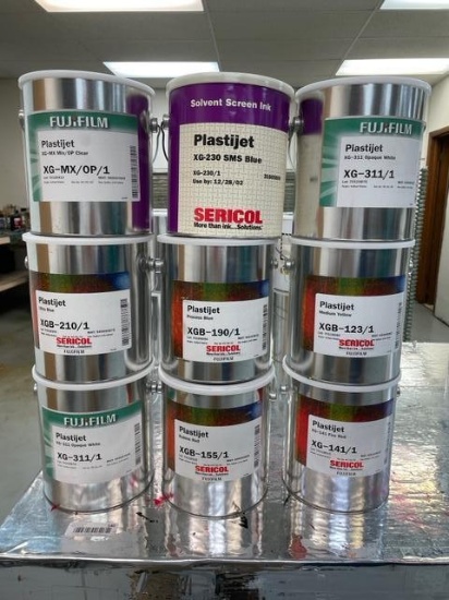 Nine 1 Gallon Sealed Full Cans of FujiFilm Sericol Plastijet Screen Printing Ink