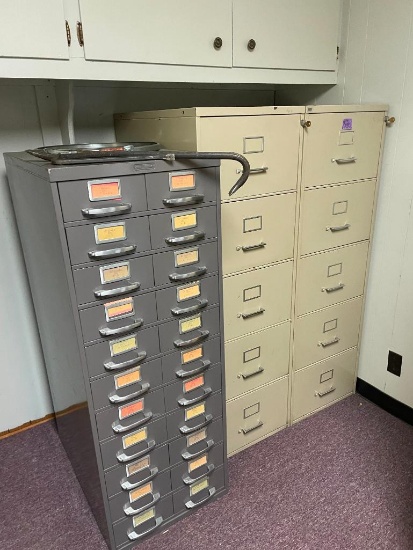 Five File Cabinets, 4 Small Metal Cabinets & a Stool