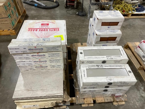 Pallet of Tile & Wall Base; 4 Boxes Vinyl Base Cove, 7 Boxes Metropolitan 6x6, 11 Boxes 8x20 , 8