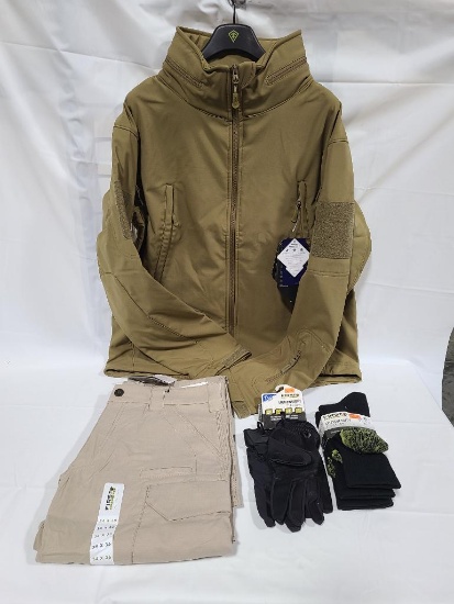 Lot of 4 Condor Summit Soft Shell Jacket Tan Size XL, Gloves & First Tactical Velocity Pants 34x36"