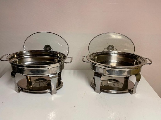 Two Chafing Pans w/ Glass Lids & Rack, Oval