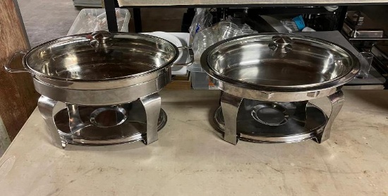 Two Chafing Pans w/ Glass Lids & Rack, Oval
