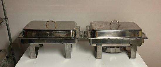 Lot of 2 Full Size Stainless Steel Chafing Pans w Lids and Racks