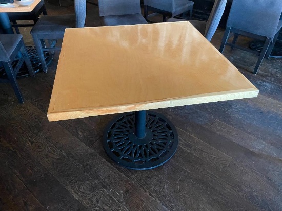 Restaurant Table, Solid Wood Blonde Top, HD Ornate Cast Metal Base, 36in x 36in x 29.5in