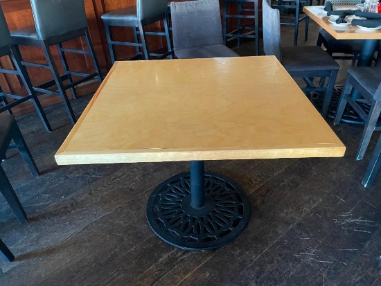Restaurant Table, Solid Wood Blonde Top, HD Ornate Cast Metal Base, 36in x 36in x 29.5in