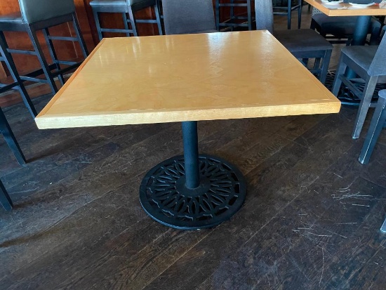 Restaurant Table, Solid Wood Blonde Top, HD Ornate Cast Metal Base, 36in x 36in x 29.5in