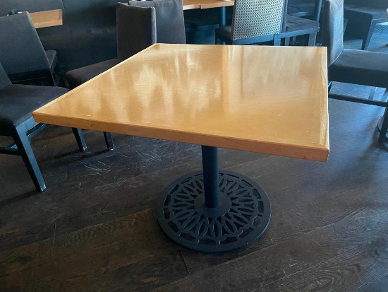 Restaurant Table, Solid Wood Blonde Top, HD Ornate Cast Metal Base, 36in x 36in x 29.5in