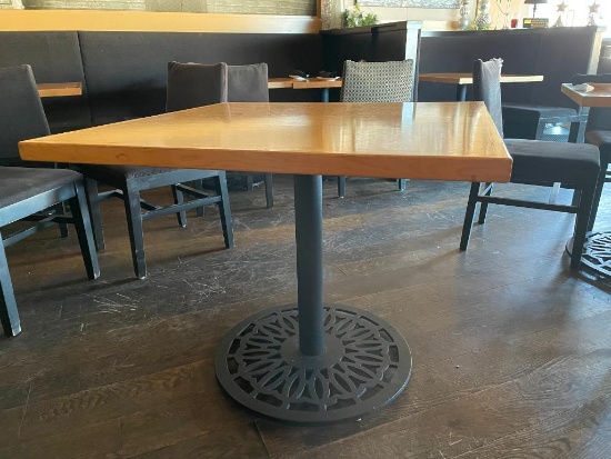 Restaurant Table, Solid Wood Blonde Top, HD Ornate Cast Metal Base, 36in x 36in x 29.5in