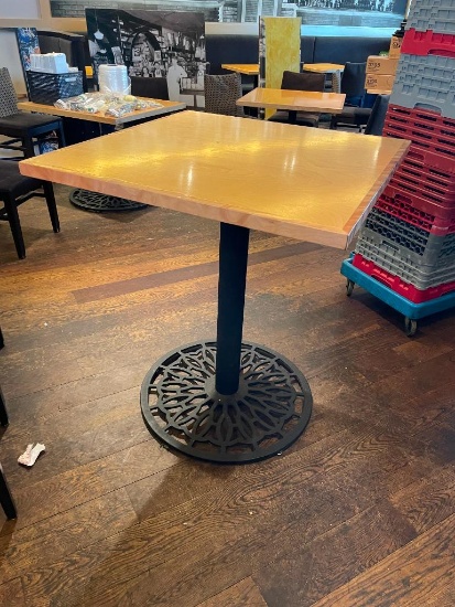 High-Top Restaurant Table, Solid Wood Blonde Top, HD Ornate Cast Metal Base, 36in x 36in x 41.5in