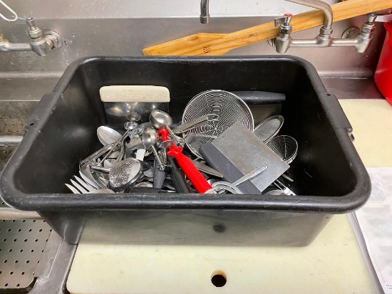 Large Group of Kitchen Utensils in Bus Tub