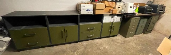 Four Base Cabinets, 2 w/ Doors, 2 w/ Drawers, 3 Metal File Cabinets