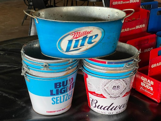 14 Tin Beer Buckets, Bud, Bud Light, Miller Lite