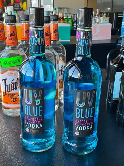 2 Sealed UV Blue Vodka Raspberry Flavored, 1 Liter Bottles