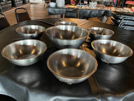 Lot of 7 Stainless Steel NSF Mixing Bowls, 1 Large, 6 Medium Sized