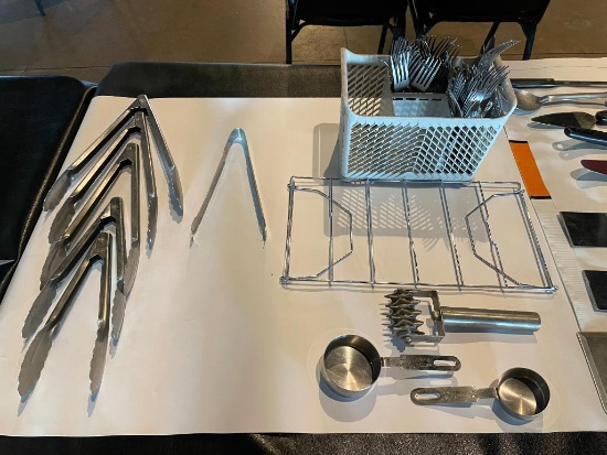 45 Forks, Silverware Caddy, 2 Measuring Cups, Several Tongs, ++