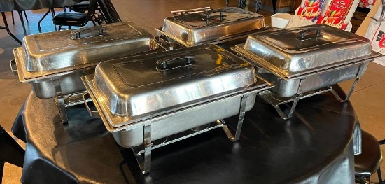 4 Full Size Chafing Pans, 3 Have Lids, Stand, Insert Pan & Outer Pan, 1 Has Stand, Insert Pan & Lid