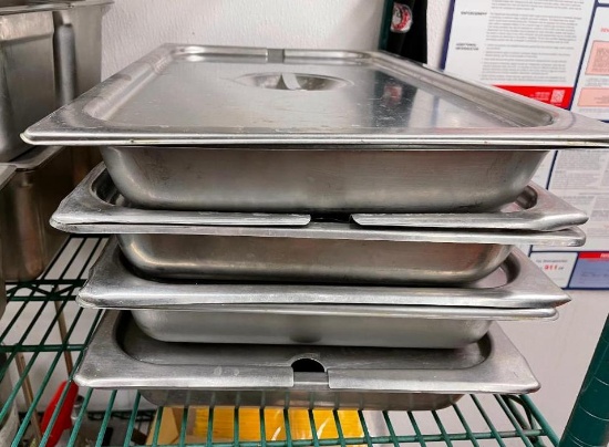 (4) Shallow Full Size Stainless Steel Steam Pans w/ Lids