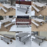9 Outdoor Picnic Tables, 4 in Good Condition, 5 Have Cracked Plastic & Holes