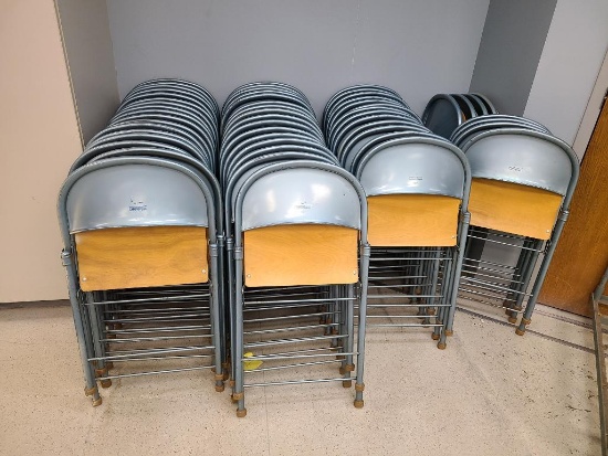 Lot of 50 Metal Folding Chairs w/ Wood Seats & Mobile Storage Rack, Sold 50x$