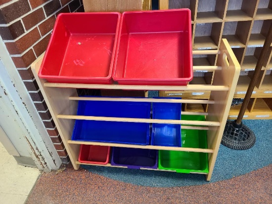 Wood Shelf w/ Totes for Storage, Could be a Shoe Rack