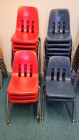 Lot of 25 Matching Red and Blue Molded Plastic Stack Chairs, Sold 25x$