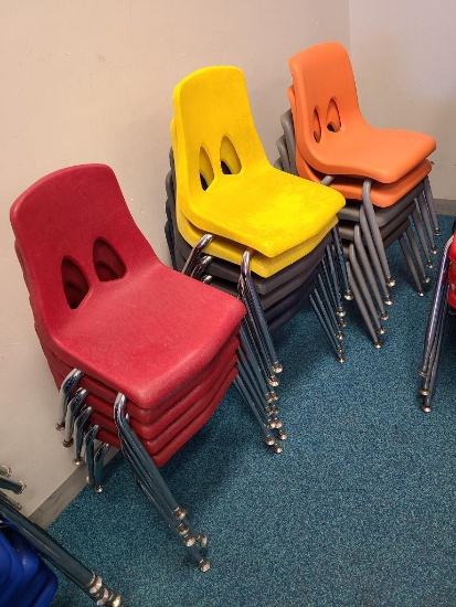 Lot of 16 Molded Plastic Stack Chairs, Red, Yellow and Orange, Sold 16x$
