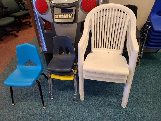 Lot of 7 Chairs, 3 Matching Plastic Stacking Patio Chairs