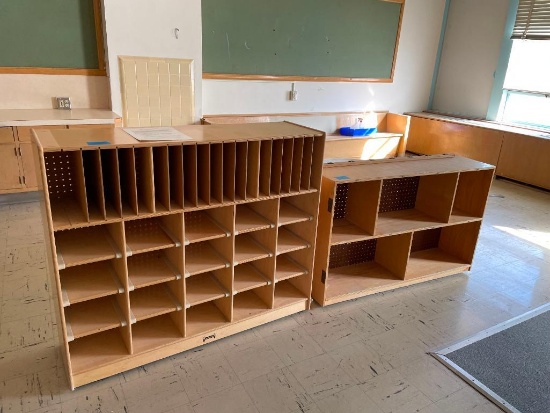 Two Wooden Classroom Pigeon Hole Storage Cabinets, Mobile