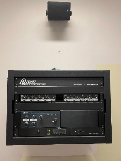 Pratt AV Rack w/ Components: Atlas Sound AA35 Mixer Amplifier, Rolls Headphone Amp, APC G5 Rack