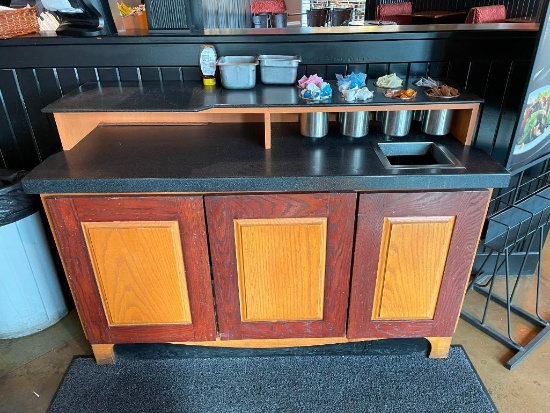 Wood Tiered 3-Door Cabinet w/ Built-In Receptacle, Good for Storage & Merchandising 23in x 60in x