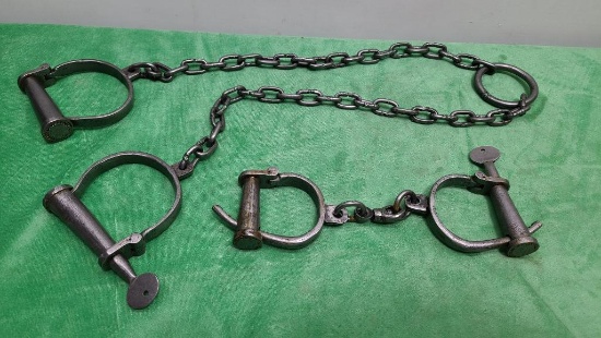 Lot of 2, Early Cast Iron Prisoner Shackles w/ Primitive Keys