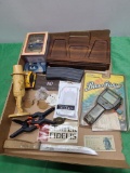 Box of Misc. Collectibles, Knife, Mr Peanut, Camera, Wood Tray, Bass Fishin' Game