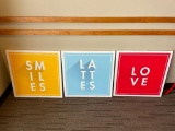 Three Canvas Art Prints, Love, Lattes, Smiles - 24in x 24in