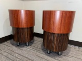 Two Heavy Duty Laminate Wood Side Tables, 22in Tall, 16in Diameter