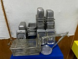 Lot of 46 1/9 Size Steam Table Pans, 12 Lids, Hinged Fryer Basket and Skimmer