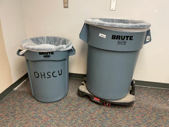 Two Brute Rubbermaid Trash Cans, 1 Dolly