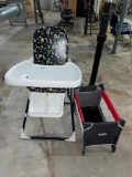 Child's High Chair and Small Portable Baby Crib or Play Pen