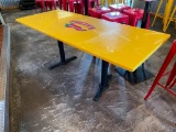 Restaurant Table: Double Pedestal, Yellow HD Lacquer Top w/ Fuzzy's Taco Shop Logo 72in x 30in x