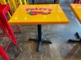 Restaurant Table: Single Pedestal, Yellow HD Lacquer Top w/ Fuzzy's Taco Shop Logo, 24in x 30in x